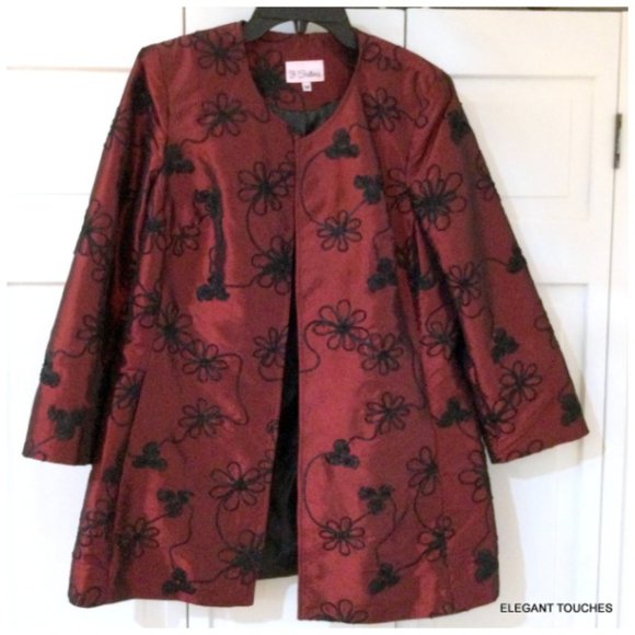 3 Sisters Jacket Womens Open Front Medium Red Black Embroidered Taffeta Coat - Picture 2 of 8
